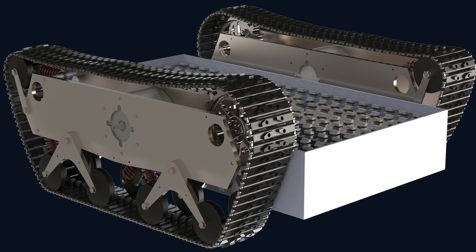 Render of the unmanned ground vehicle: two tracked drive units with suspension arms around a central chassis.