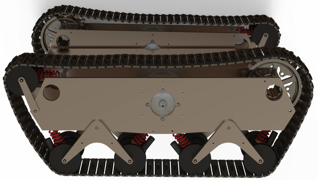 Underside render of the tracked platform showing the suspension bogies and drive sprockets.