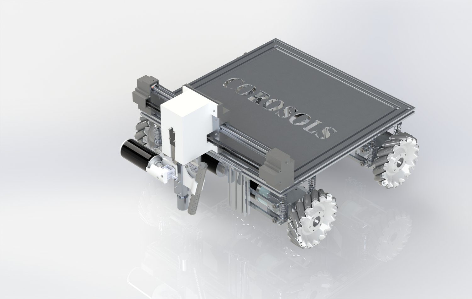 Render of the concrete inspection robot: mecanum rover with tapping gantry and COROSOLS-engraved top plate.