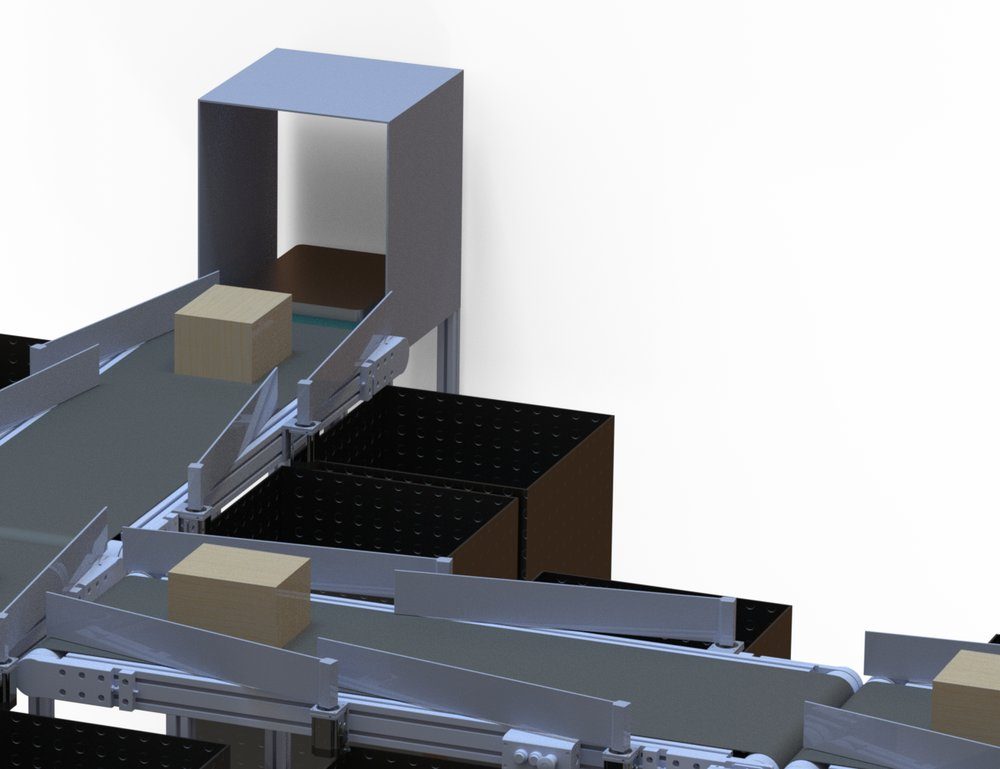 Close view of the scanning gate and diverter section of the sorting line.