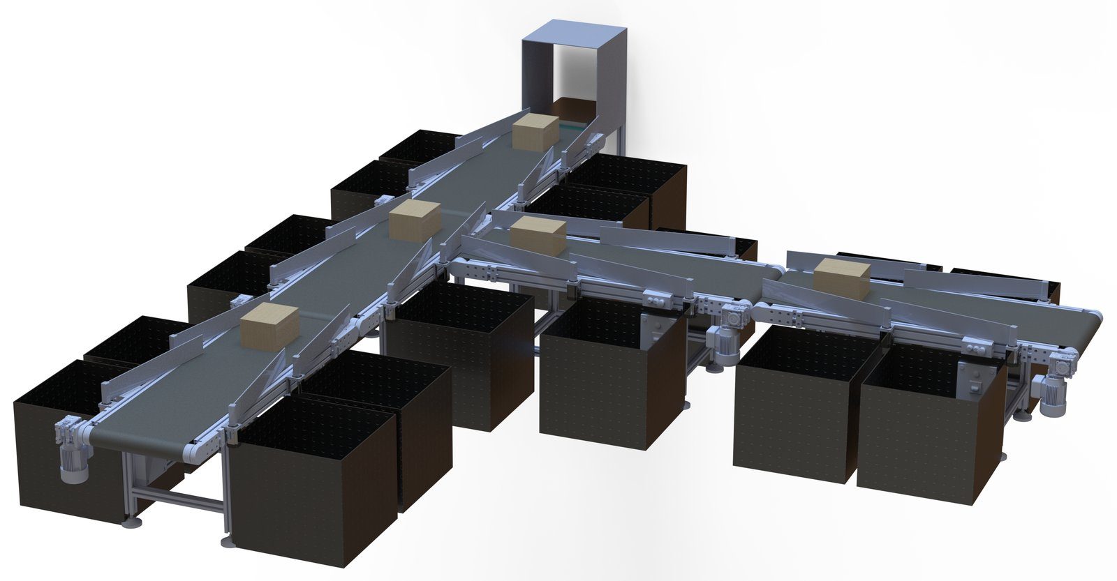 Render of the automated sorting line: conveyors with diverters routing parcels into rows of bins.