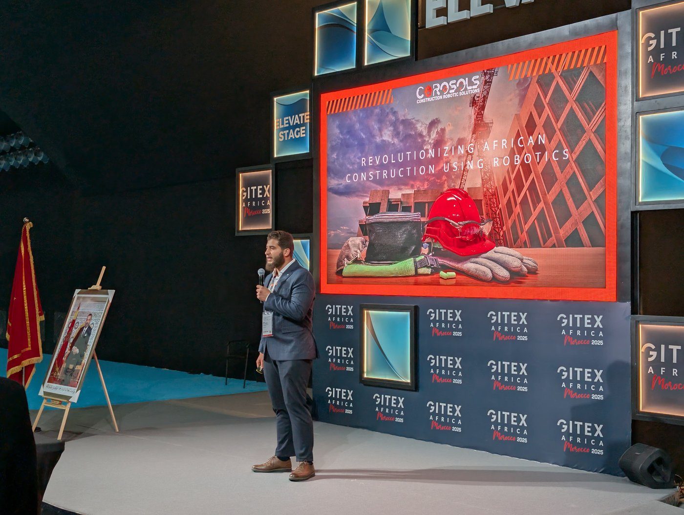 Hamza pitching COROSOLS on the Supernova stage at GITEX Africa 2025.